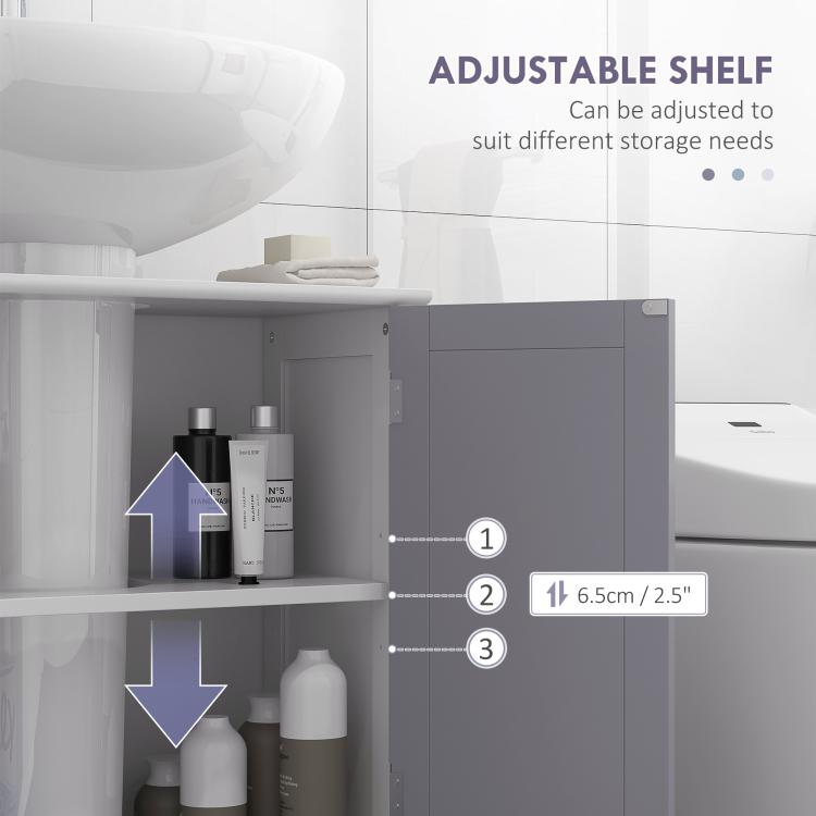 Adjustable-shelf bathroom sink cabinet with gray interior compartments and door fronts