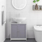 White and gray bathroom sink cabinet with two doors and pedestal-style base
