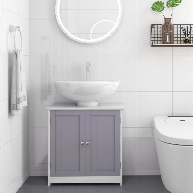 White and gray bathroom sink cabinet with two doors and pedestal-style base