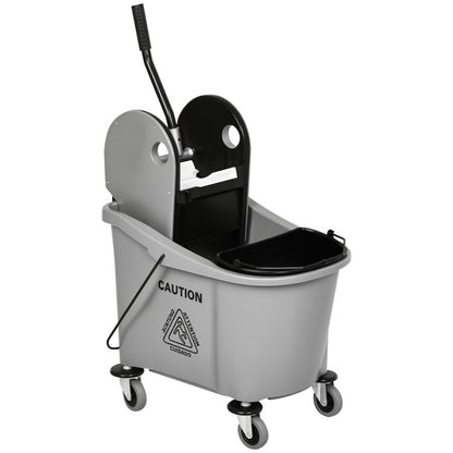 Gray mop bucket wringer cart with black basket, handle holder, and four caster wheels