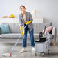 Gray mop wringer bucket cart with black basket insert and four rolling caster wheels