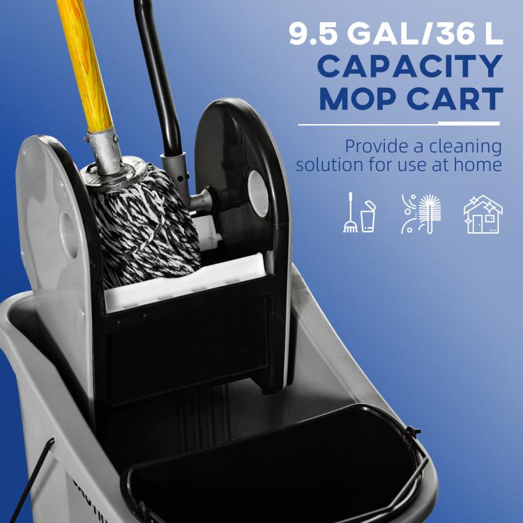 Close-up of gray mop wringer cart showing black basket insert and metal handle
