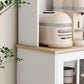 White freestanding pantry cabinet with wooden countertop and glass-front doors