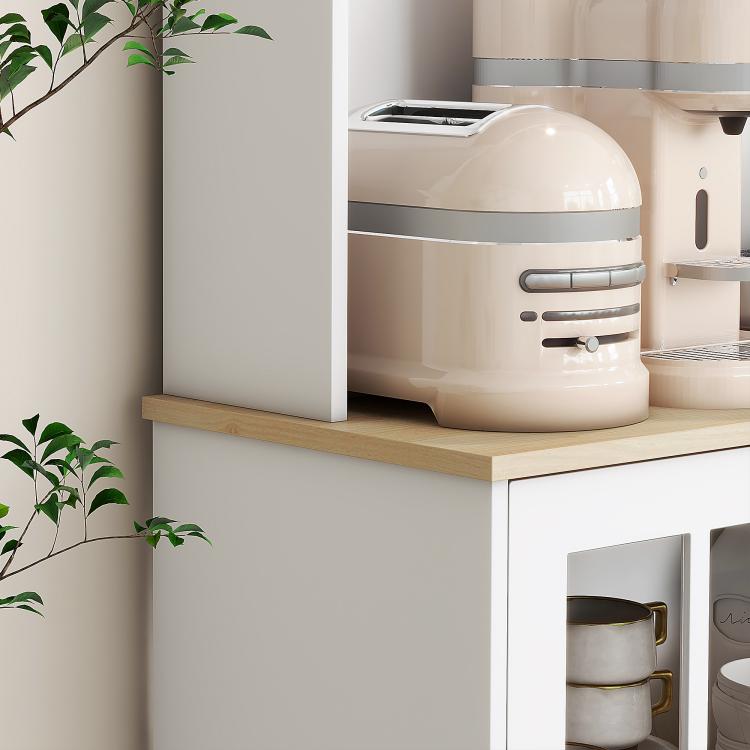 White freestanding pantry cabinet with wooden countertop and glass-front doors