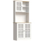 White 72-inch pantry cabinet with hutch shelving and glass-door storage