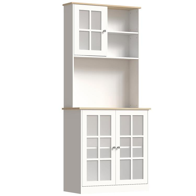 White 72-inch pantry cabinet with hutch shelving and glass-door storage