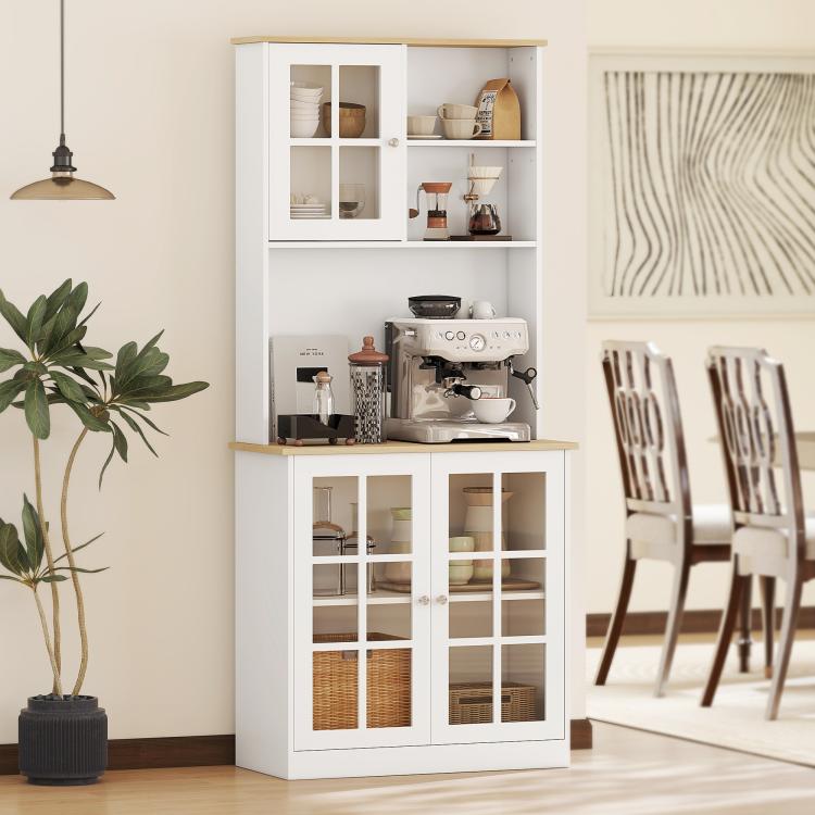 White kitchen pantry cabinet with glass-front upper cabinet and open lower shelves