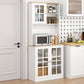 White pantry cabinet with glass door hutch, microwave shelf, and lower storage doors