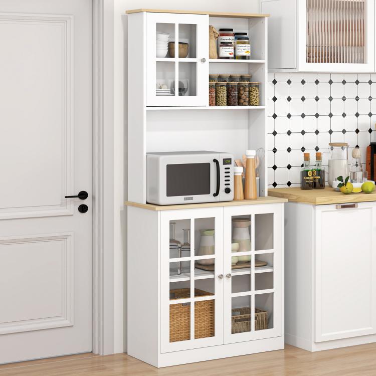 White pantry cabinet with glass door hutch, microwave shelf, and lower storage doors