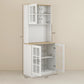 White pantry cabinet with open shelving, interior compartments, and hinged double doors