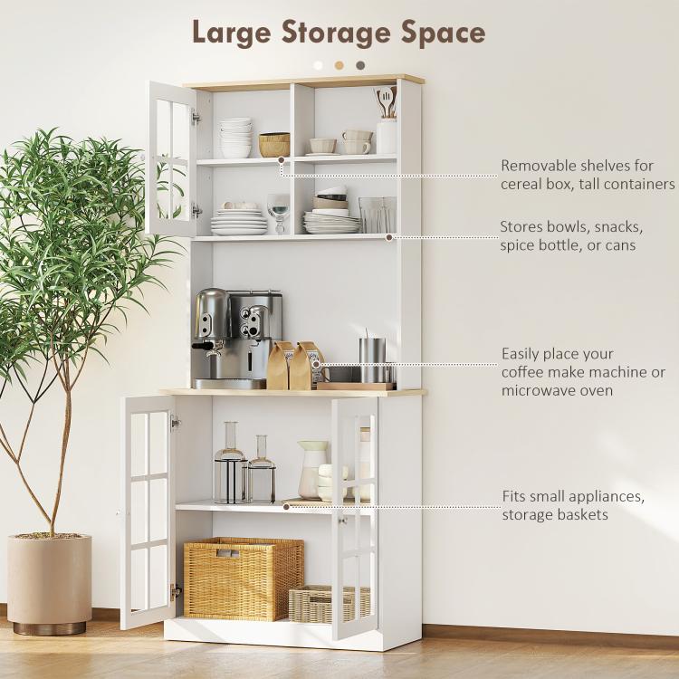 White pantry cabinet with open shelves and lower storage doors for kitchen items
