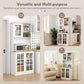 Pantry cabinet shown in multiple layouts with glass doors and open shelving