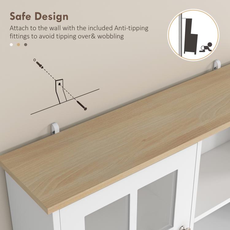 Anti-tipping wall bracket and fitting on a white cabinet with a wood countertop