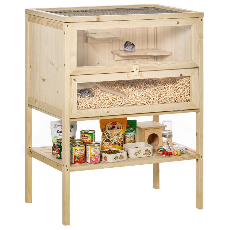 Natural wooden 3-tier small animal hutch with open front door and wire-mesh top