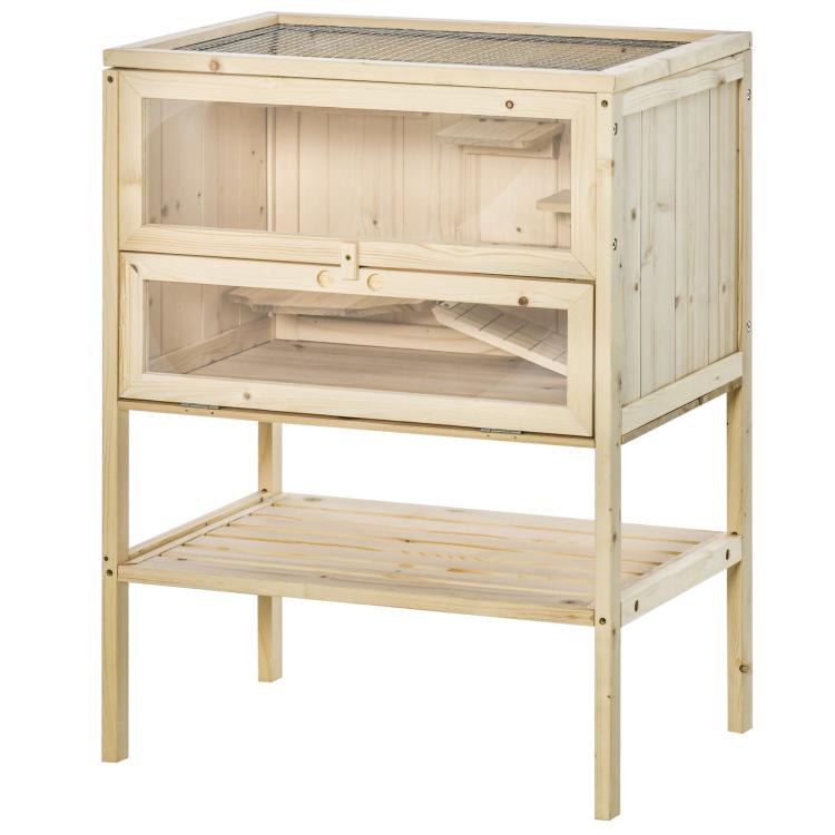 Natural wooden 3-tier small animal cage with open front panel and wire-mesh ceiling