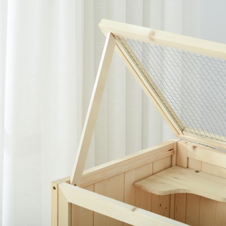 Natural wood 3-tier small animal cage with hinged open top and wire mesh sides