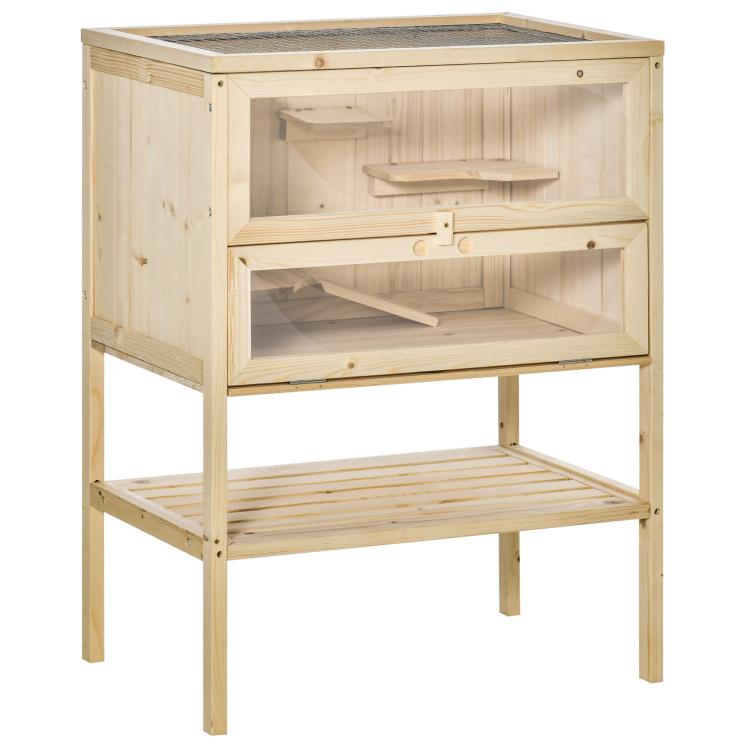 Natural wood 3-tier small animal hutch with front door, open mesh panels, shelves
