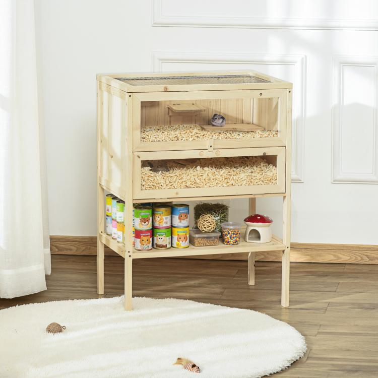 Natural wooden 3-tier small animal hutch with open front window and stacked shelves