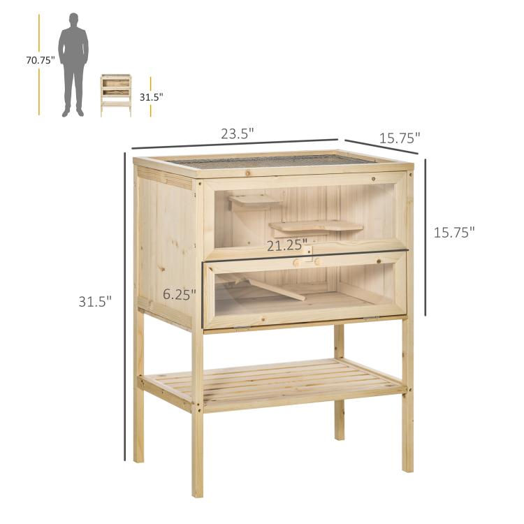 Natural wooden 3-tier small animal hutch with open front door and lower platform shelf