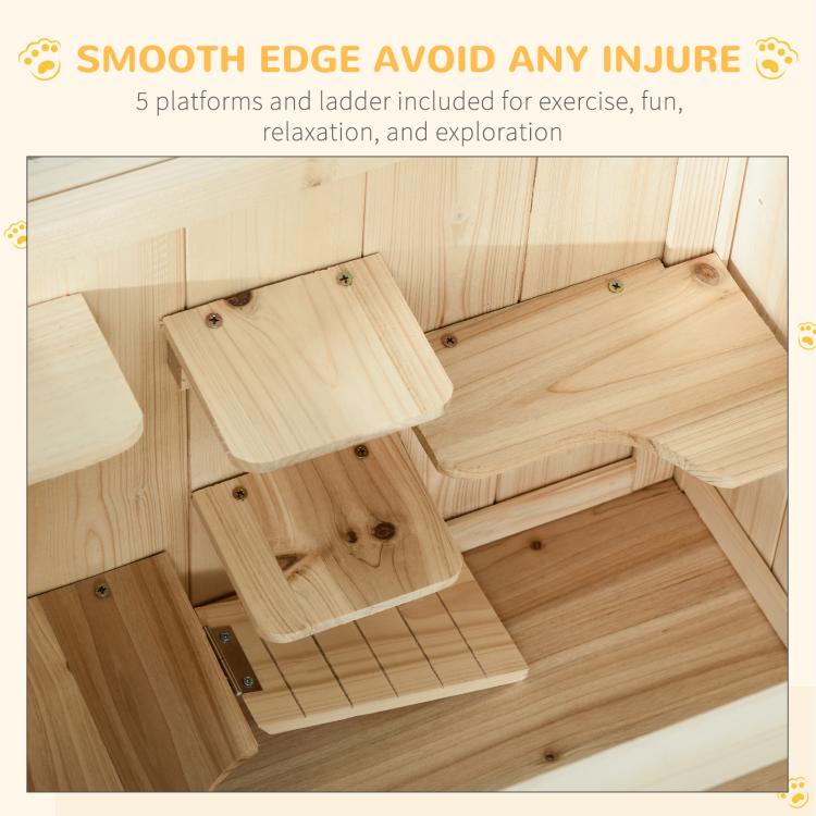 Natural wooden 3-tier hutch corner view with internal platforms and screw fasteners