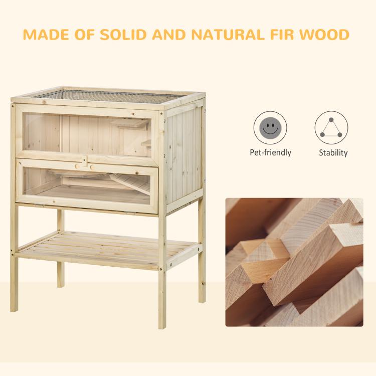 Natural wooden 3-tier small animal hutch with solid wood frame and sturdy legs