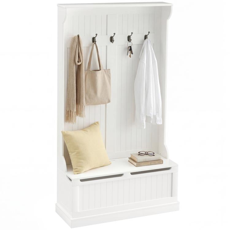 White entryway bench with coat rack, five hooks, open seat storage and hanging bags