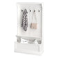 White coat rack bench with five hooks and open shoe storage shelf, coats and bag