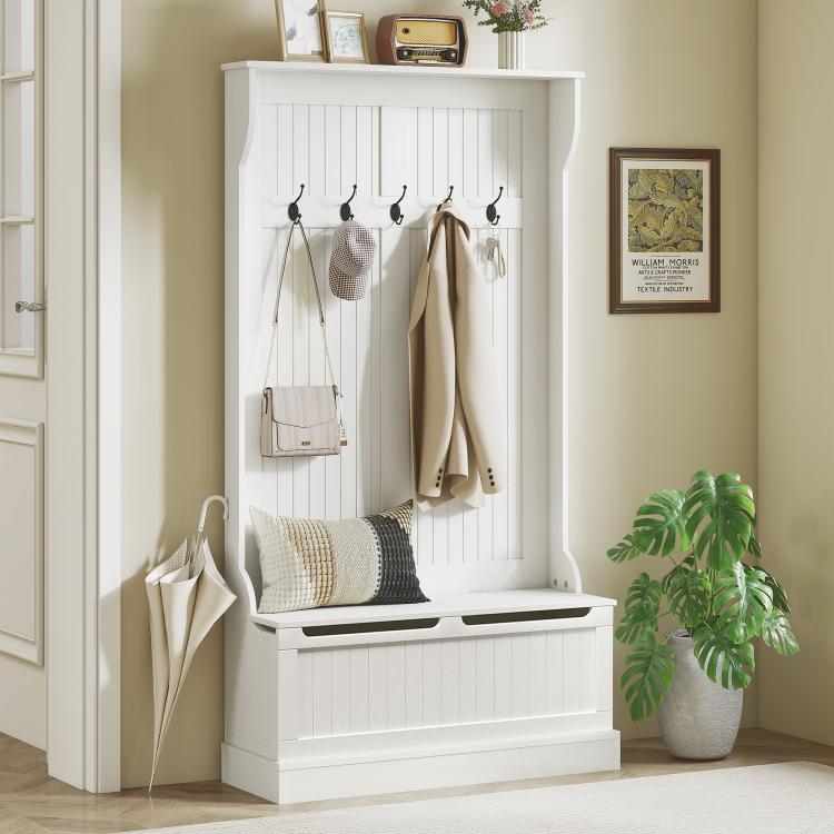 White entryway hall tree bench with five hooks and built-in shoe storage, hanging coats