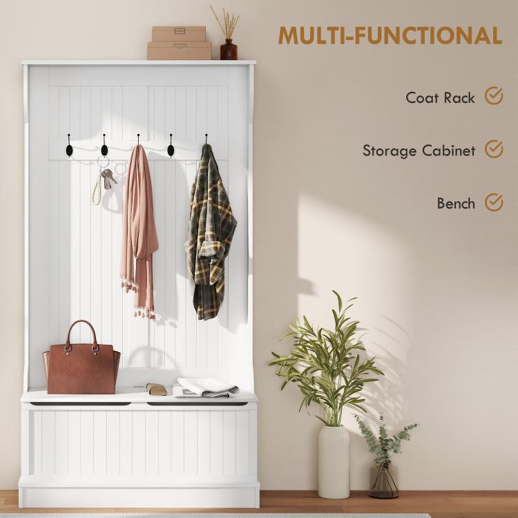 White entryway hall tree with coat rack, five hooks, bench and shoe storage cabinet