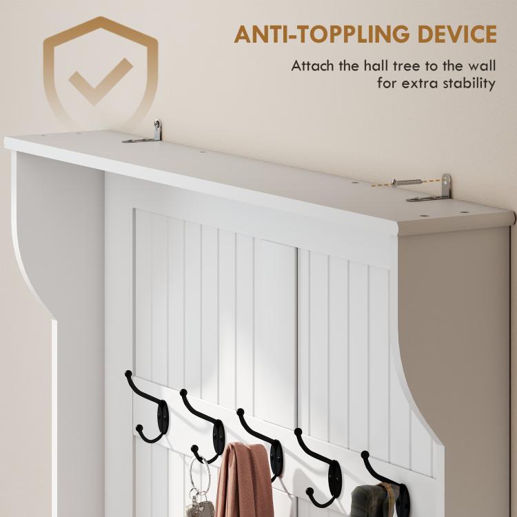 White hall tree top rail with five coat hooks for wall mounting