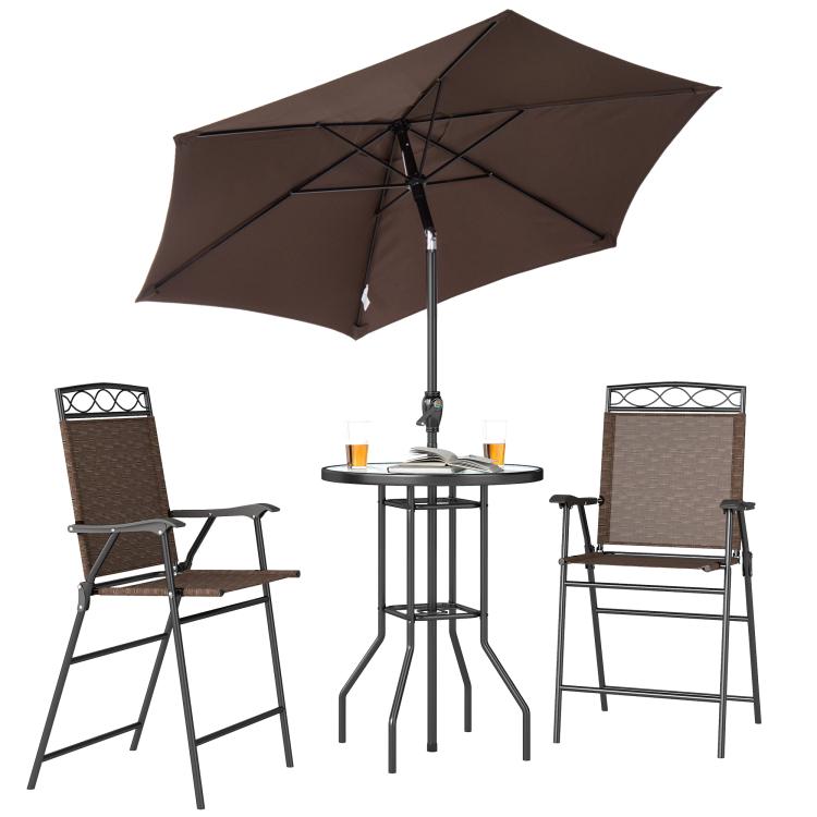 Patio bar set with brown umbrella, two folding mesh chairs, and wave glass table