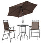 Brown outdoor bar set with open umbrella, round tempered glass table, and two folding chairs