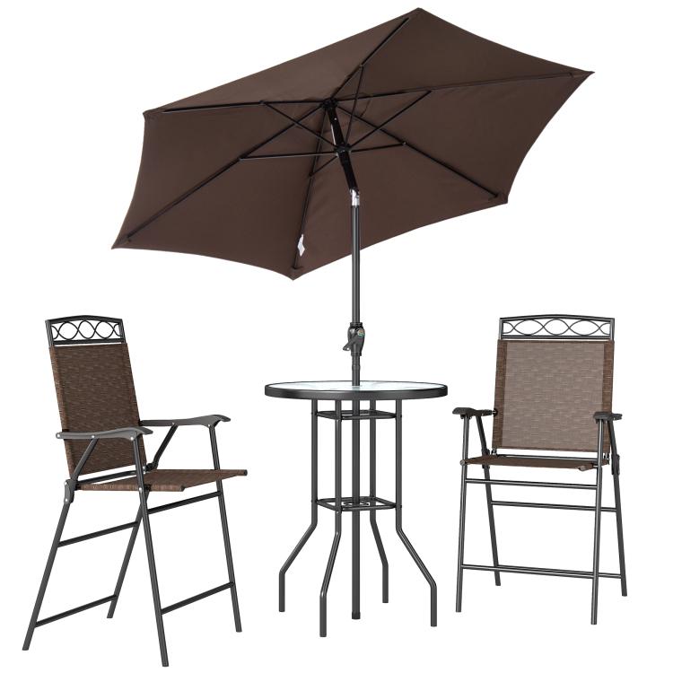 Brown outdoor bar set with open umbrella, round tempered glass table, and two folding chairs