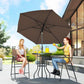 Patio bar set with brown umbrella, round wave glass table, and two folding chairs