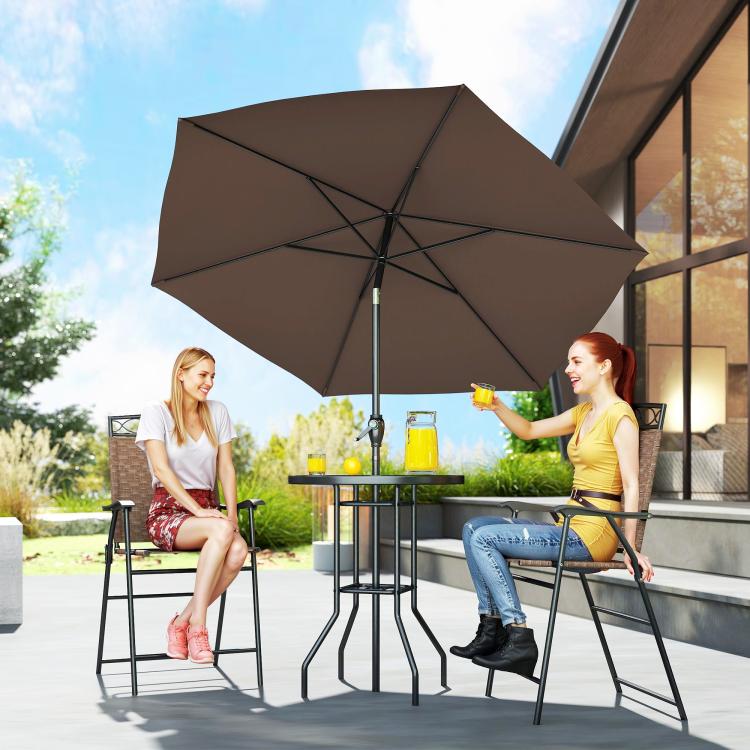 Patio bar set with brown umbrella, round wave glass table, and two folding chairs