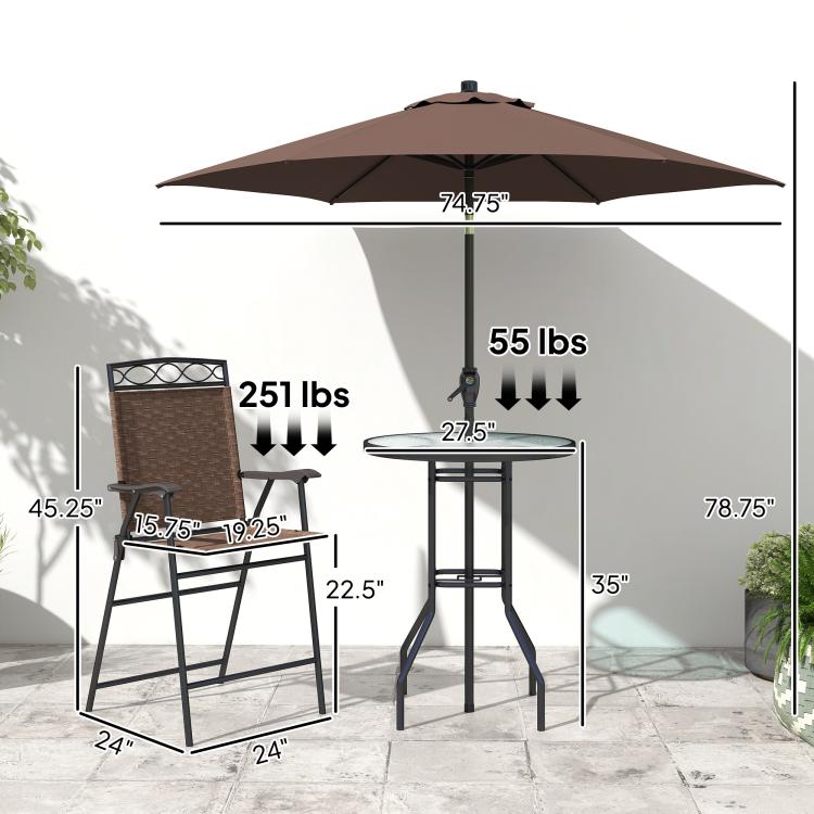 Patio bar set with brown umbrella, two folding chairs, and round wave-textured glass table