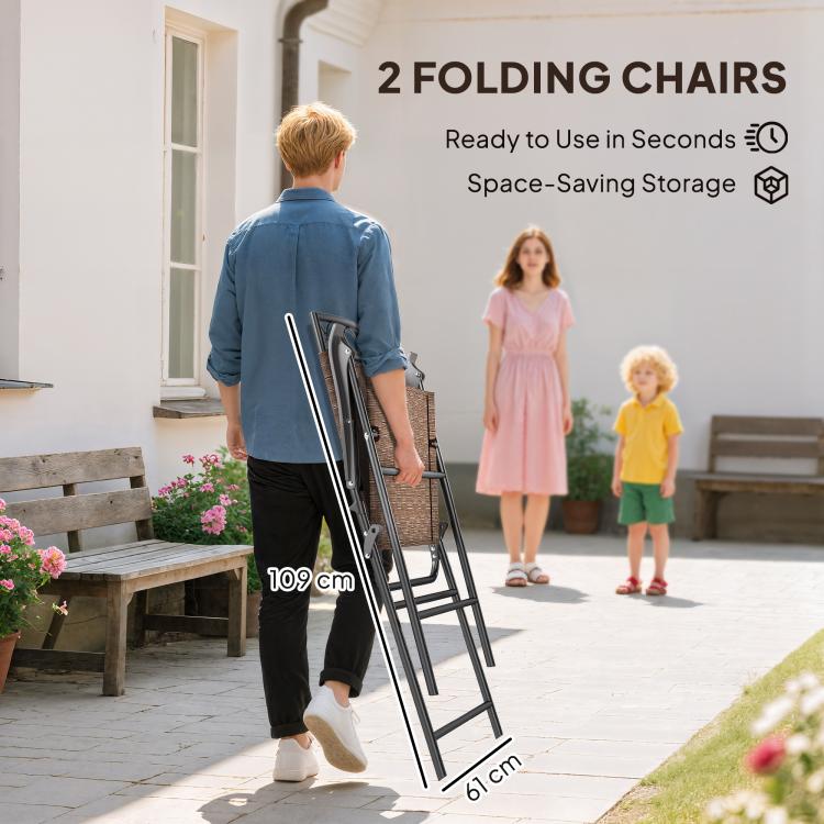 Two folding patio chairs with brown mesh backs and black steel frames