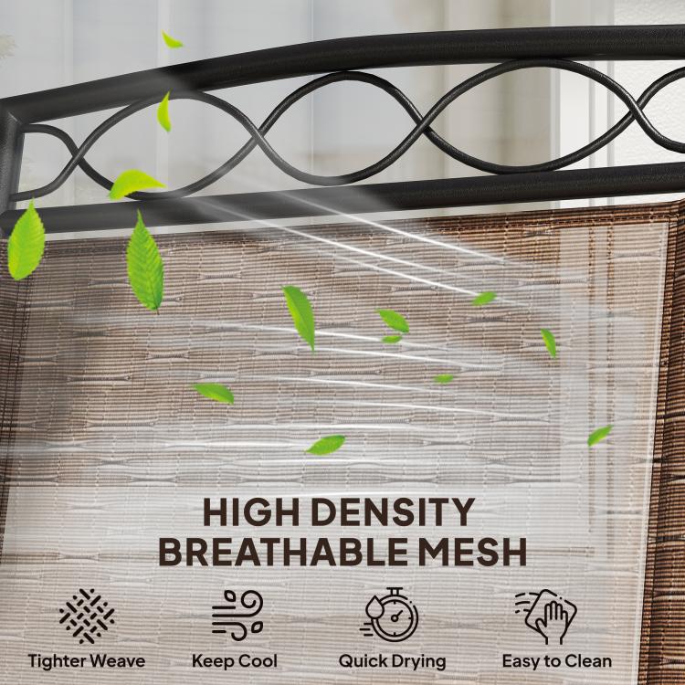 Brown breathable mesh chair back with decorative window pattern on black frame