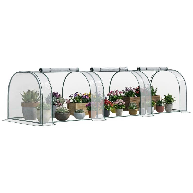 Plastic tunnel greenhouse kit with clear cover and green metal frame, arched bays