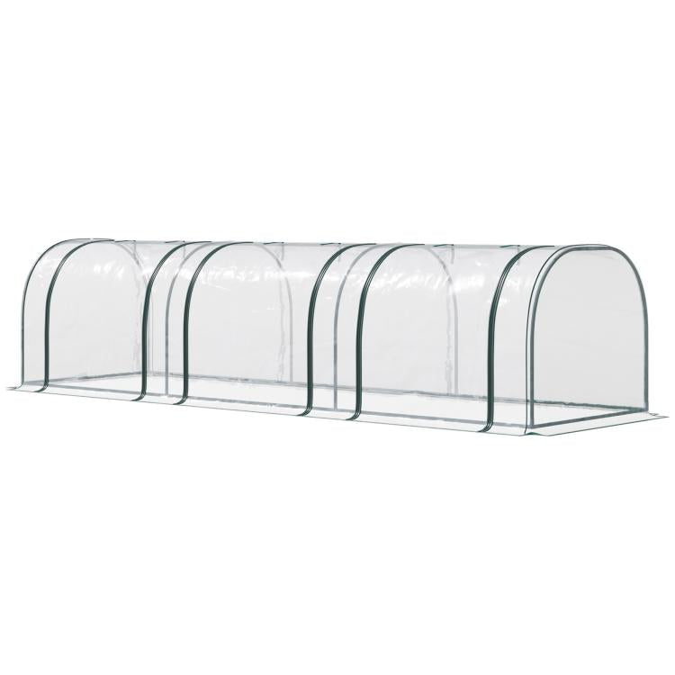 Plastic tunnel greenhouse kit with clear arched plastic cover and green metal ribs