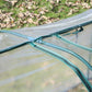 Green metal tunnel greenhouse kit with clear plastic cover, arched frame
