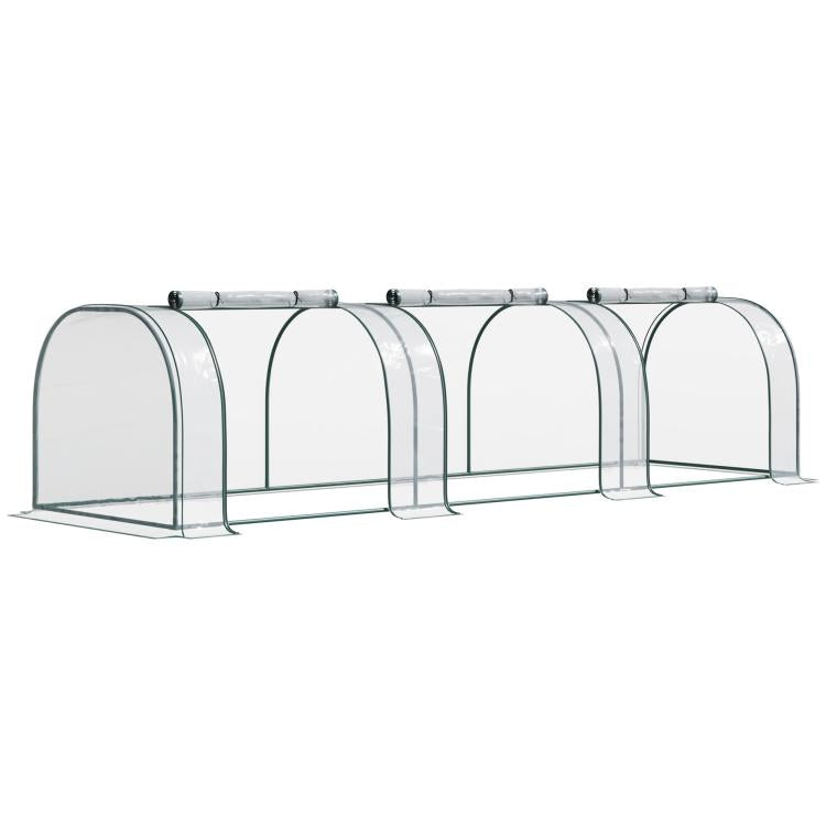 Tunnel greenhouse with clear plastic panels and dark green metal arched frame