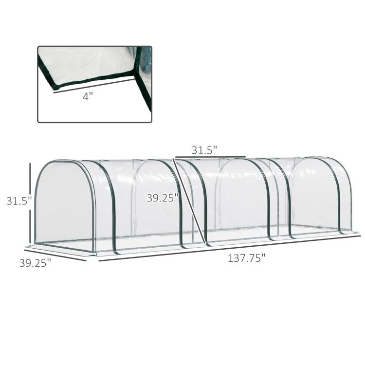 Plastic tunnel greenhouse kit size diagram with clear cover and green metal frame