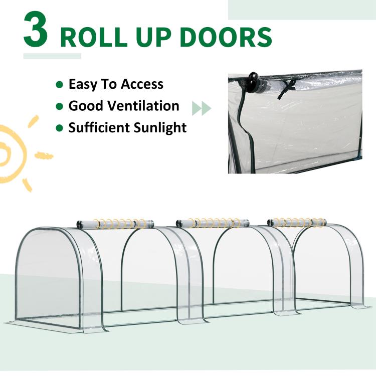 Plastic tunnel greenhouse kit with roll-up door sections and clear arched cover