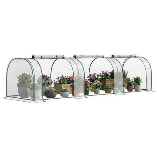 Plastic tunnel greenhouse kit with clear cover and green metal frame, arched bays