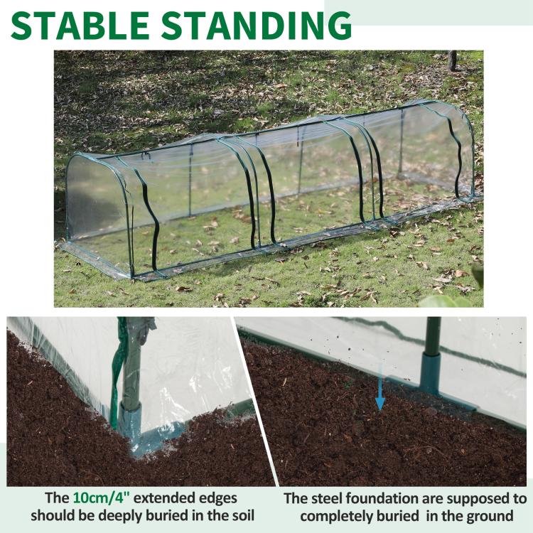 Plastic tunnel greenhouse kit with extended ground edges and steel frame base