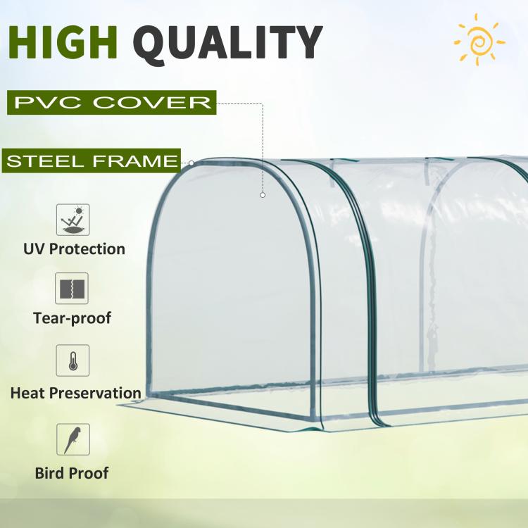 Plastic tunnel greenhouse kit clear PVC cover on green steel frame, arched ends