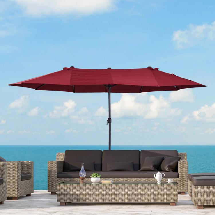 Wine red patio umbrella with open canopy and central pole for backyard use