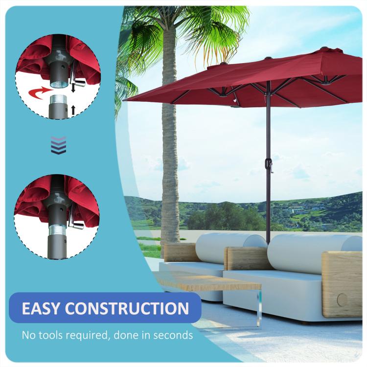 Wine red patio umbrella with canopy panels and center pole