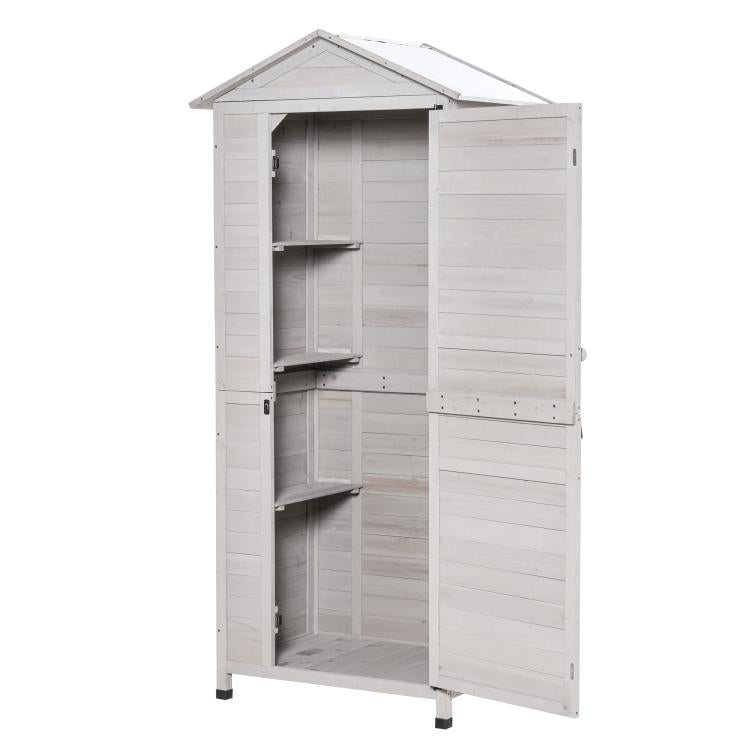 White wooden storage cabinet shed with open double doors showing four interior shelves